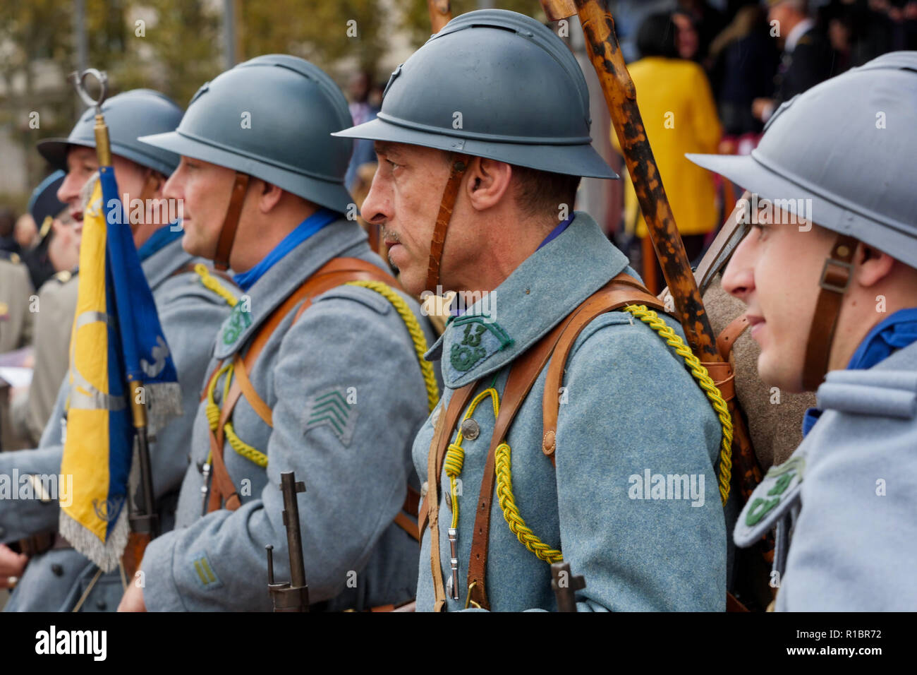 Lyon, France, November 11th 2018:  Extras wearing old french military uniforms attend the Commemoration ceremonies of the 100th anniversary of 1918 armistice held in Lyon (Central-Eastern France) on November 11, 2018. Credit Photo: Serge Mouraret/Alamy Live News Stock Photo