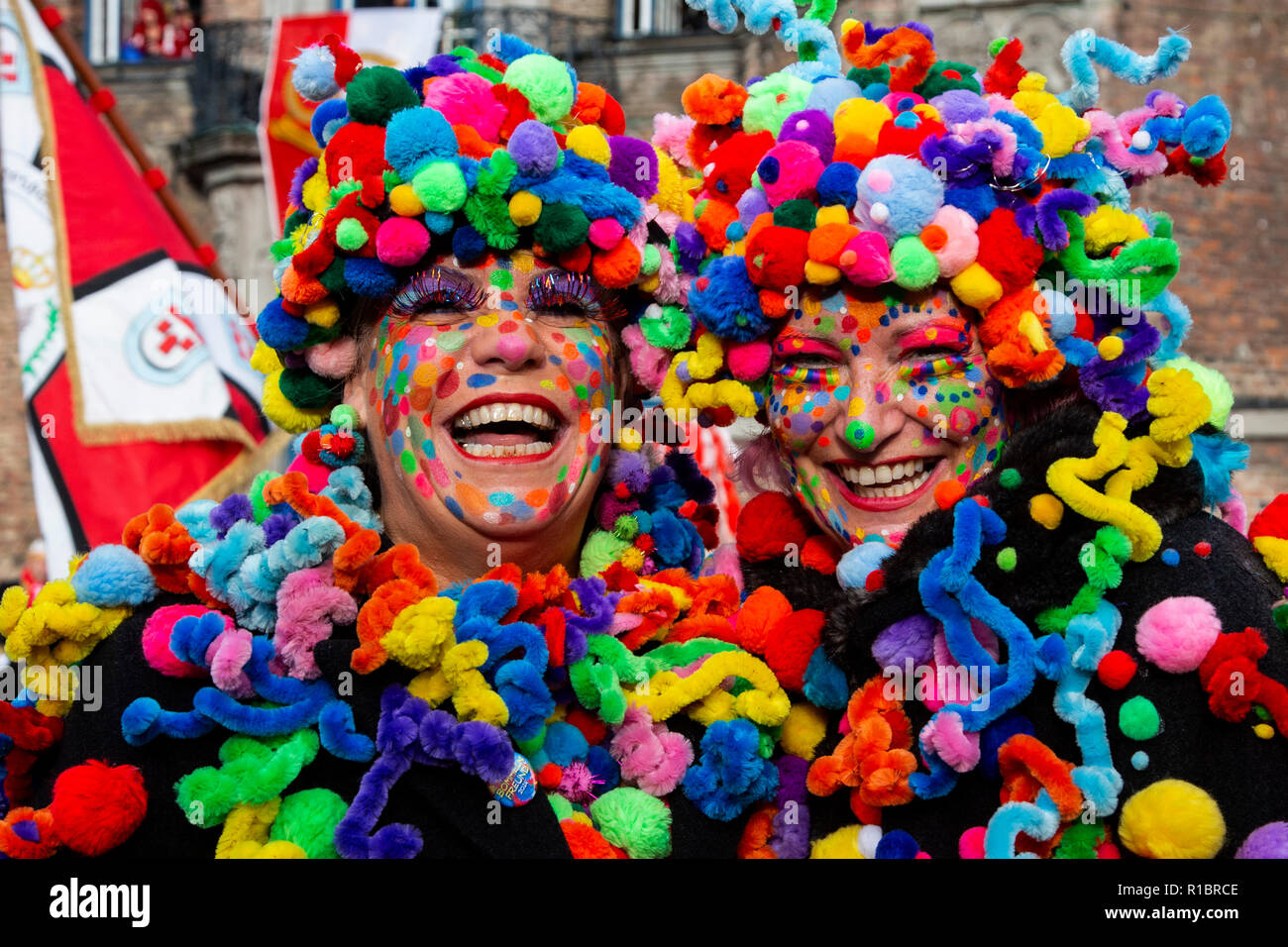 Düsseldorf, Germany. 11 November 2018. The most colourful costums on display. The German carnival season traditionally starts at 11 minutes past 11 o'clock on 11 November which today coincided with the centenary of Armistice Day, the end of World War I. Photo: 51North/Alamy Live News Stock Photo