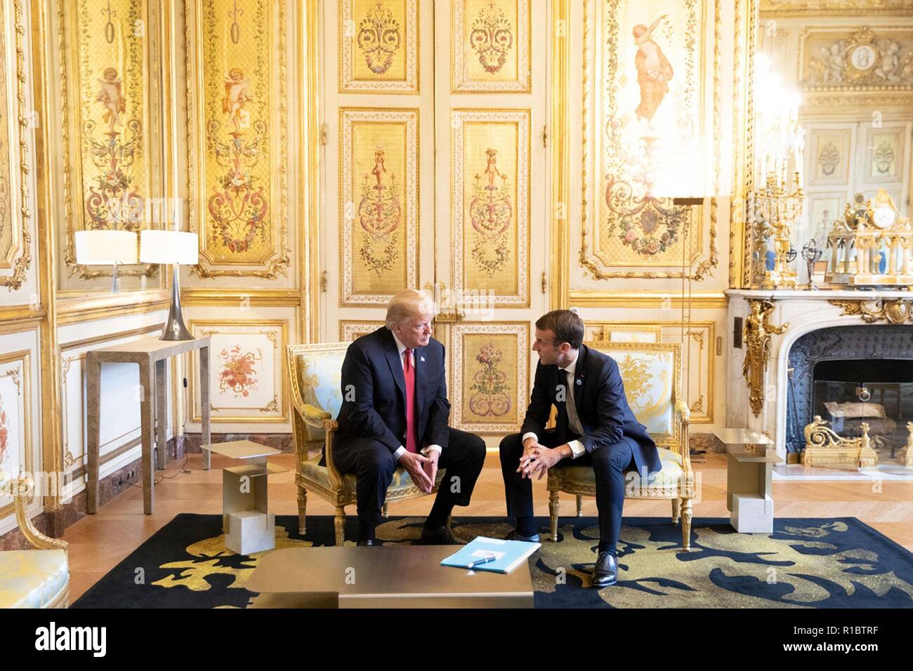 U.S President Donald Trump, left, during a bilateral meeting with French President Emmanuel Macron at the Elysee Palace November 10, 2018 in Paris, France. Trump is in France for commemorations marking the Centennial of the end of World War I. Stock Photo