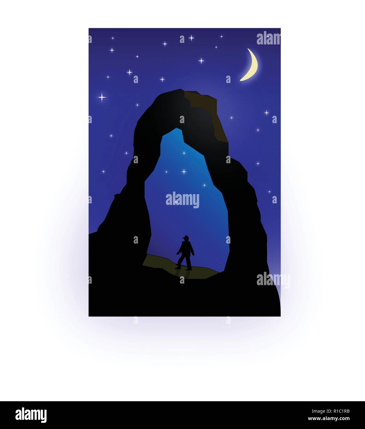Delicate Arch, Crescent Moon, Stars and Hiker in evening- a moody, artistic expression Stock Vector