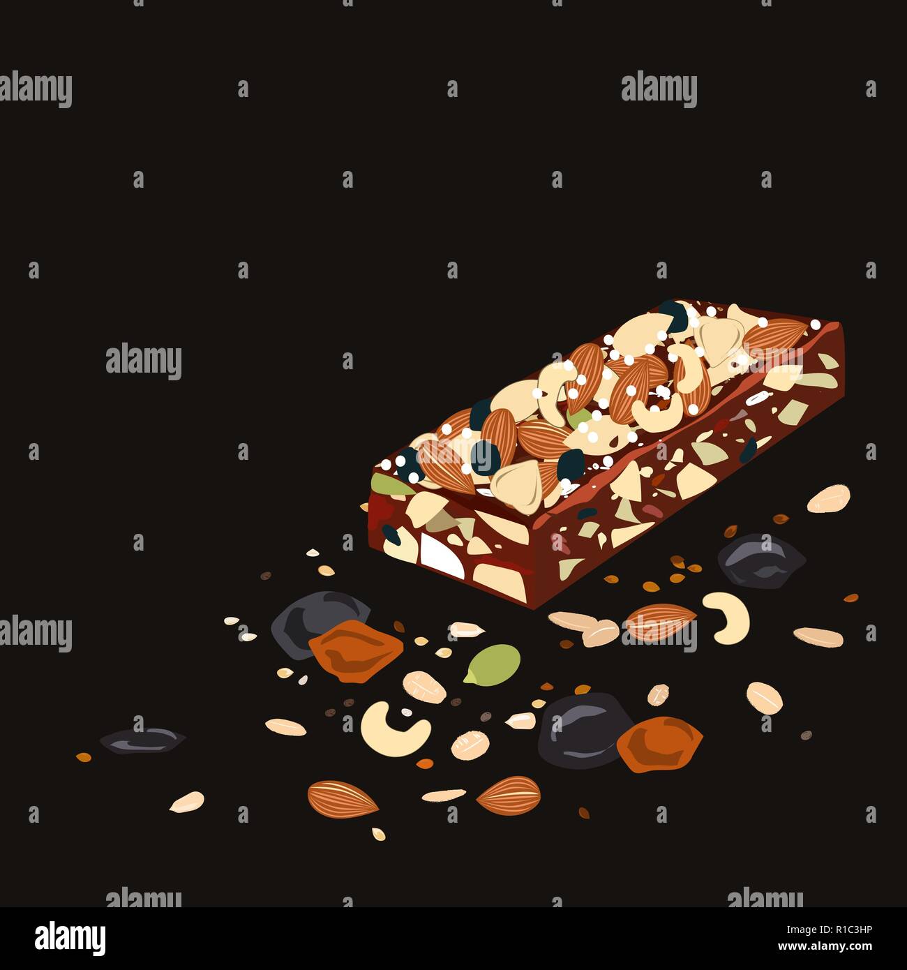 Superfood breakfast bar with oats and dried fruits, above view on black background. Stock Vector