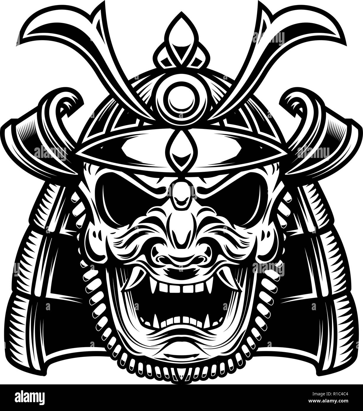 Japanese samurai mask and helmet. Design element for logo, label, emblem, sign, poster. Vector illustration Stock Vector