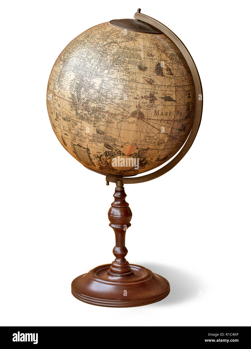 Old Style World Globe - Antique world globe isolated on white background. Studio close up.  with clipping path Stock Photo