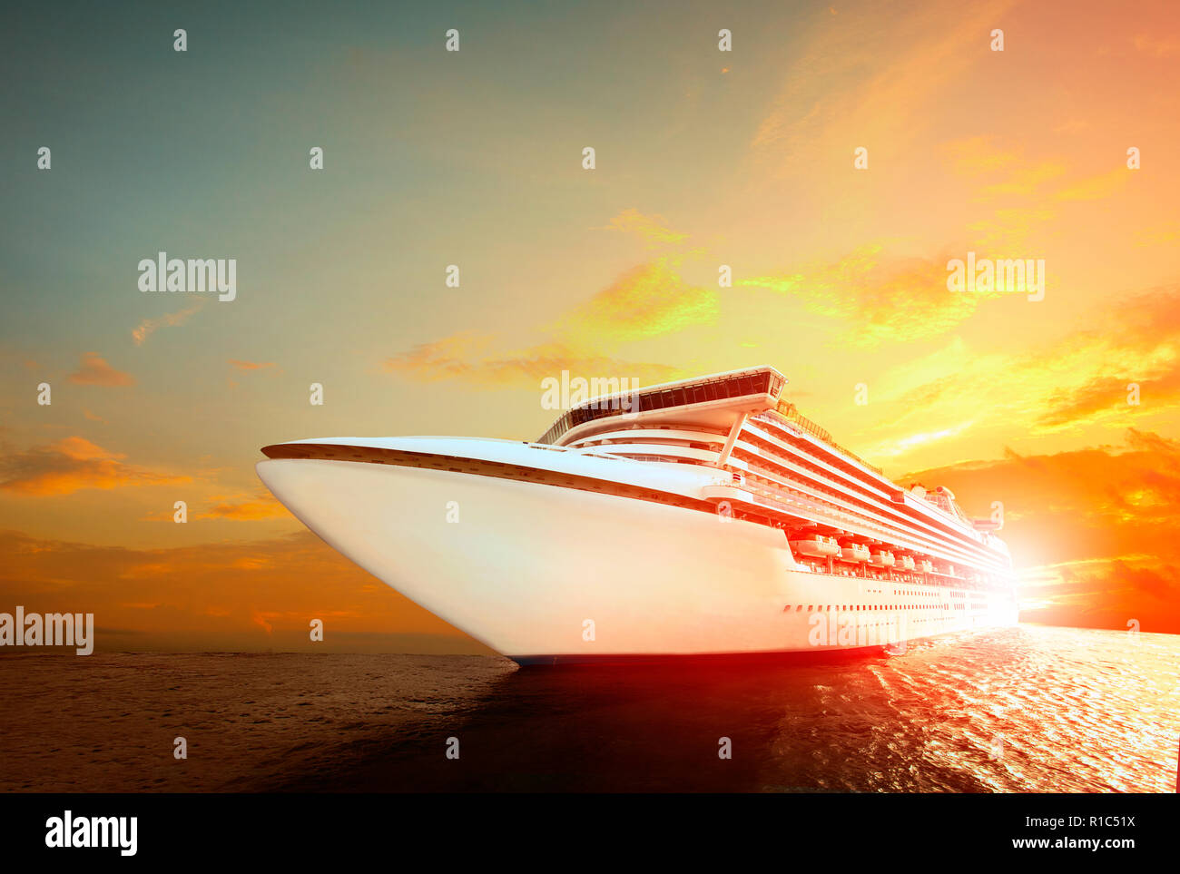 luxury cruising ship over sea with sunset sky background Stock Photo ...