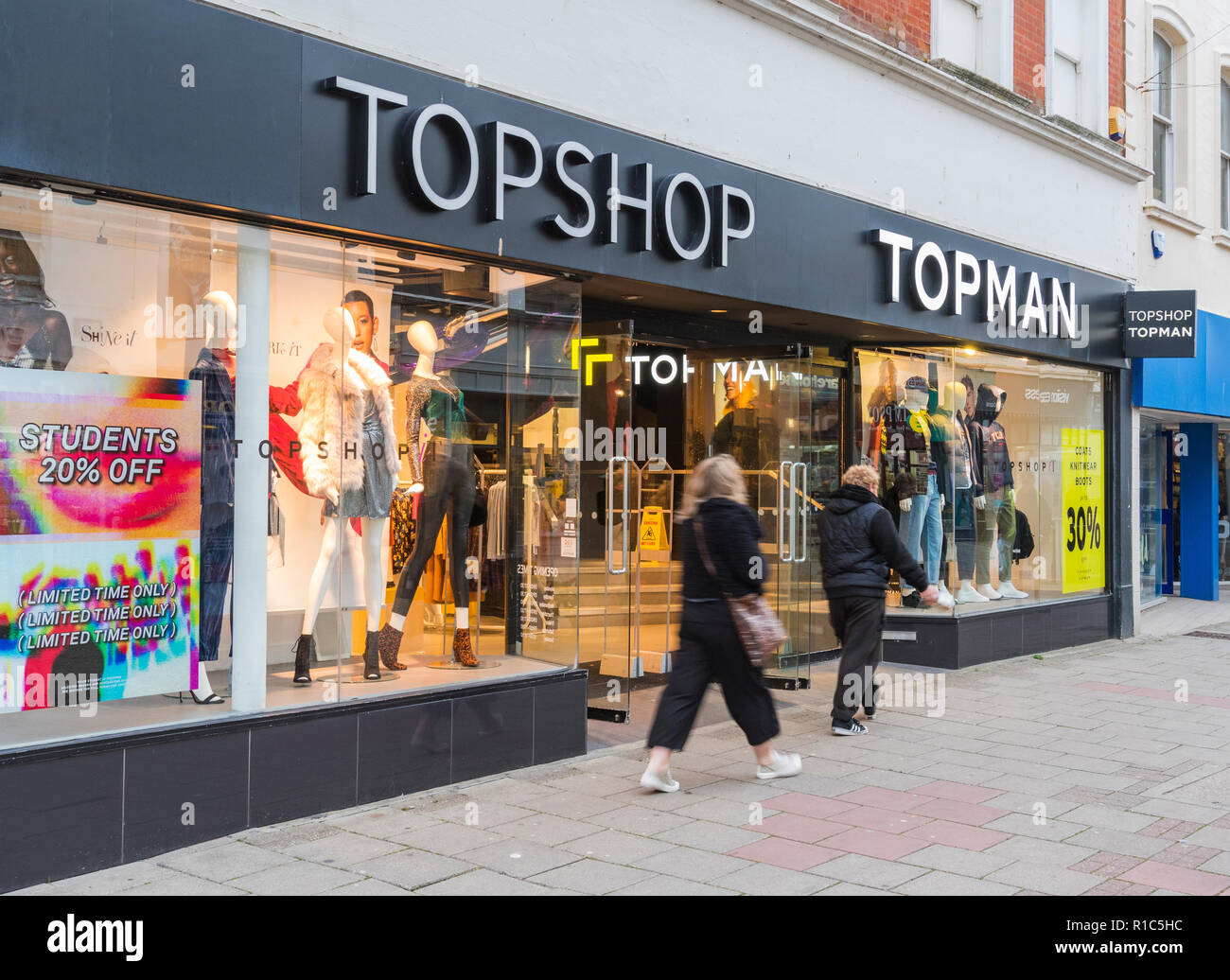 Topshop Topman clothing retail store front entrance in Worthing, West Sussex, England, UK. Stock Photo