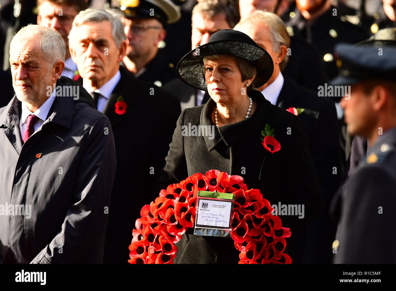 Jeremy Corbyn and Prime MinisterTheresa May during the remembrance service at the Cenotaph memorial in Whitehall, central London, on the 100th anniversary of the signing of the Armistice which marked the end of the First World War. Stock Photo