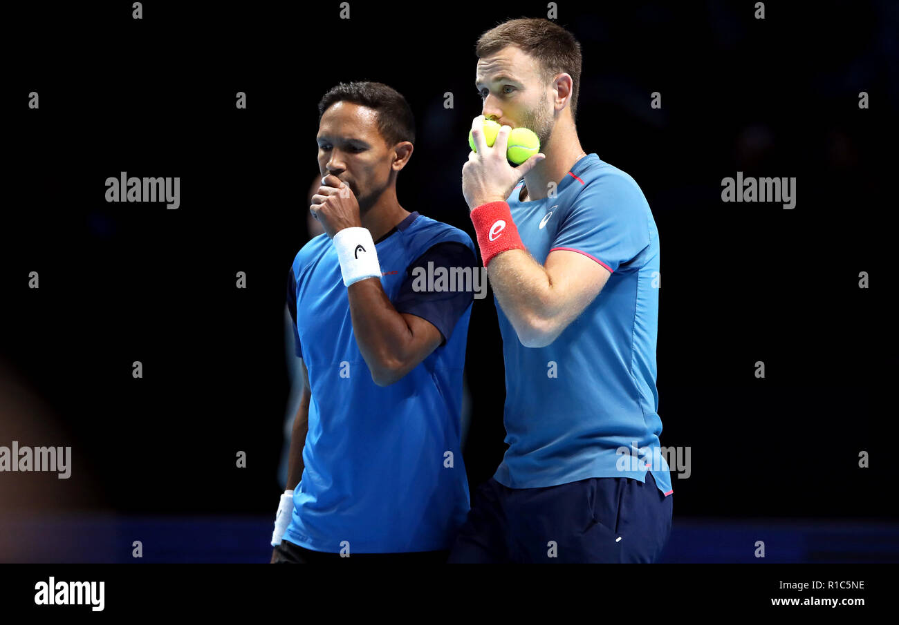 Raven Klassen (left) and Michael Venus during the Men's Doubles group stage match during day one of the Nitto ATP Finals at The O2 Arena, London. Stock Photo