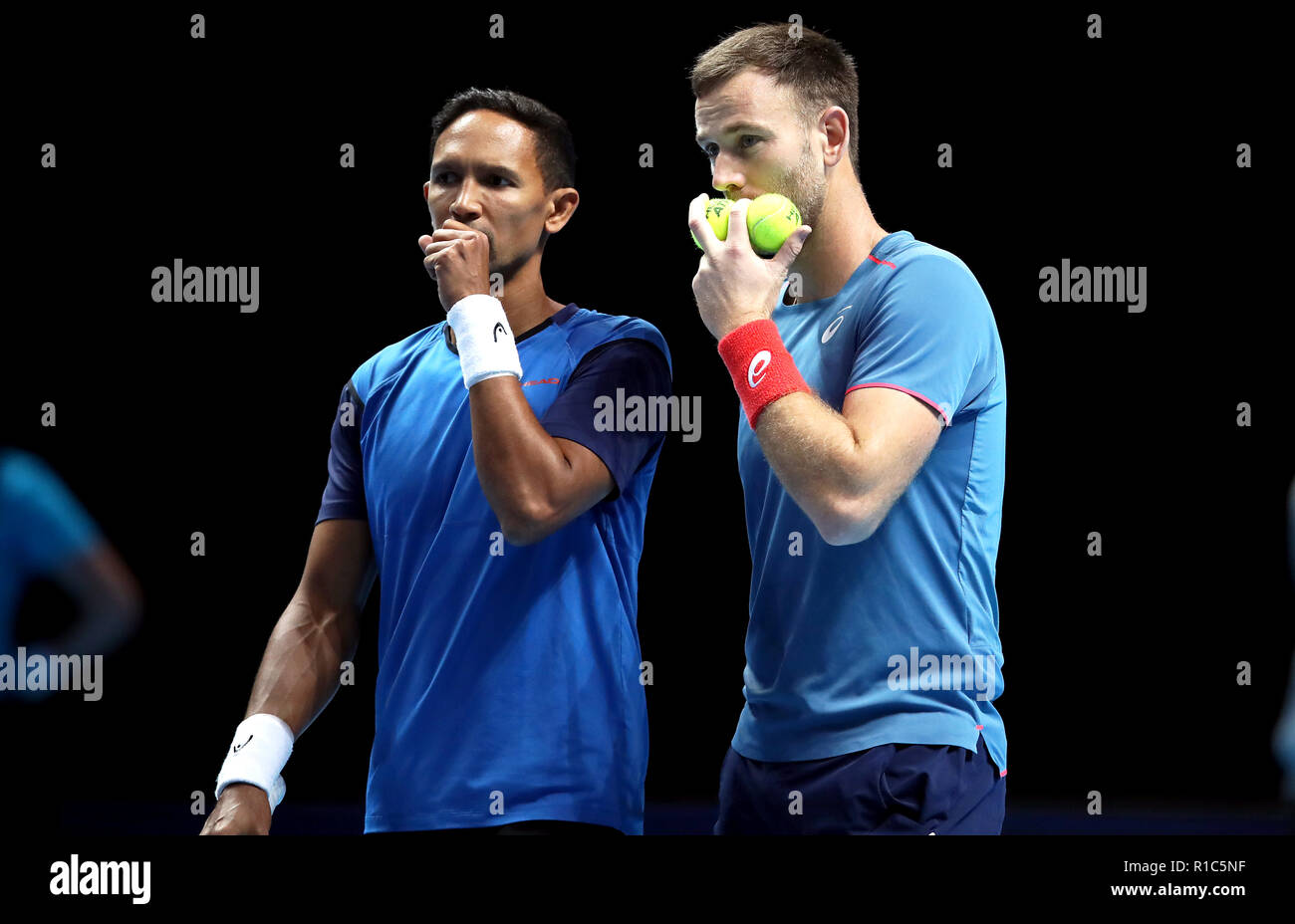 Raven Klassen (left) and Michael Venus during the Men's Doubles group stage match during day one of the Nitto ATP Finals at The O2 Arena, London. Stock Photo