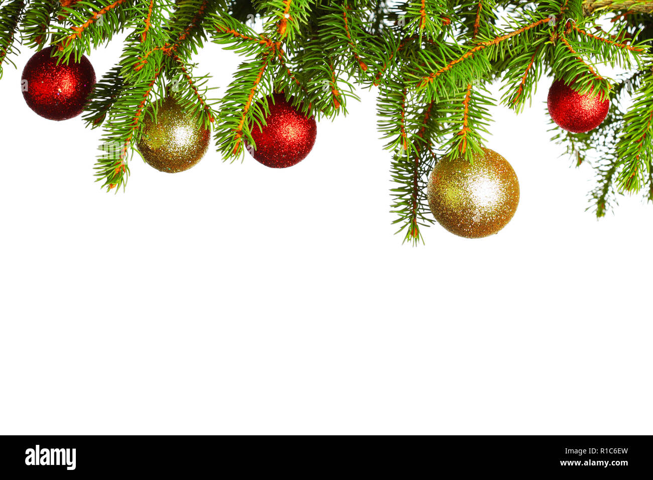 branch of Christmas tree with red and golden glass balls isolated on ...