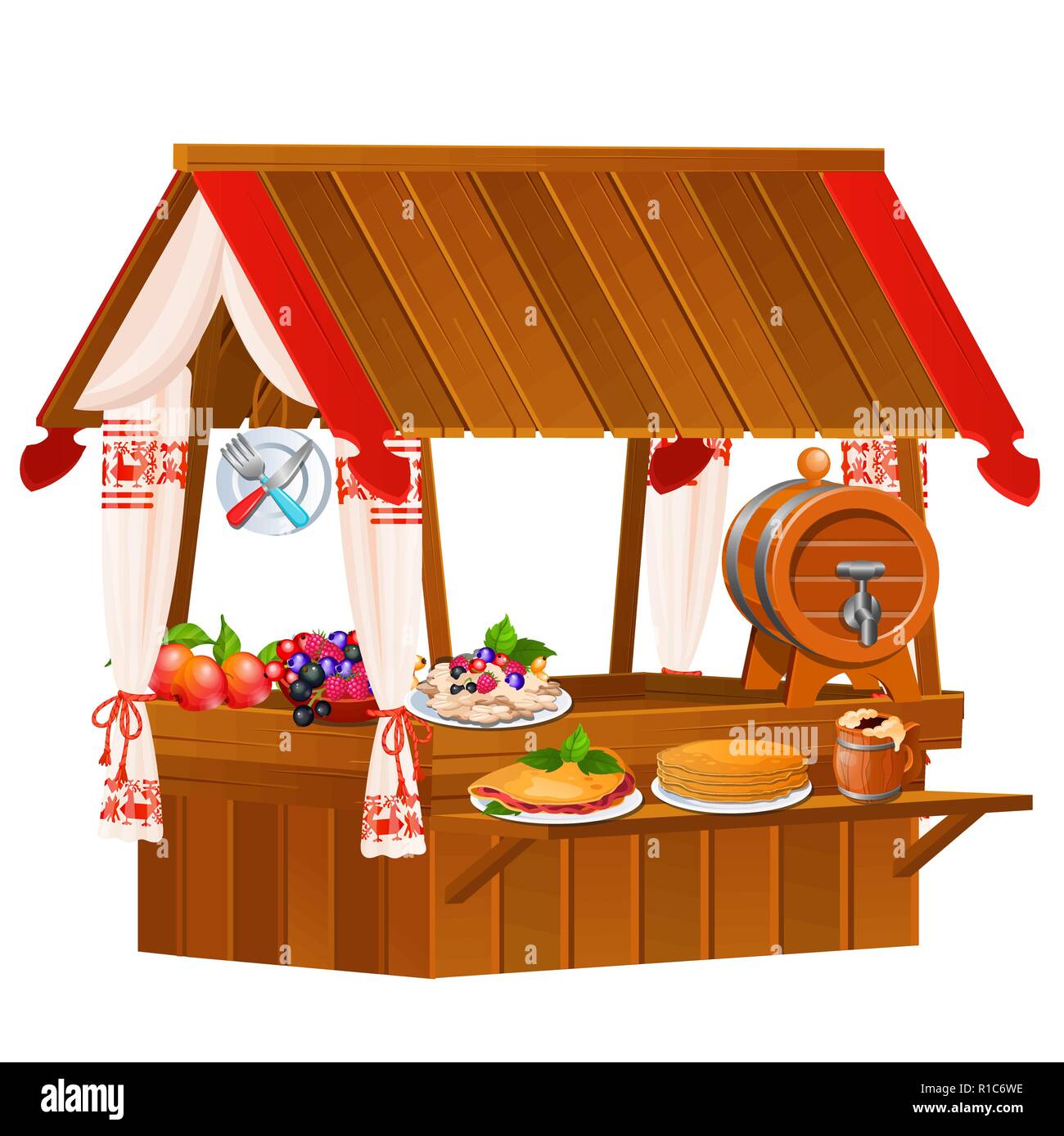 Stall for sale of food product isolated on white background. Tent on the  marketplace. Vector cartoon close-up illustration Stock Vector Image & Art  - Alamy