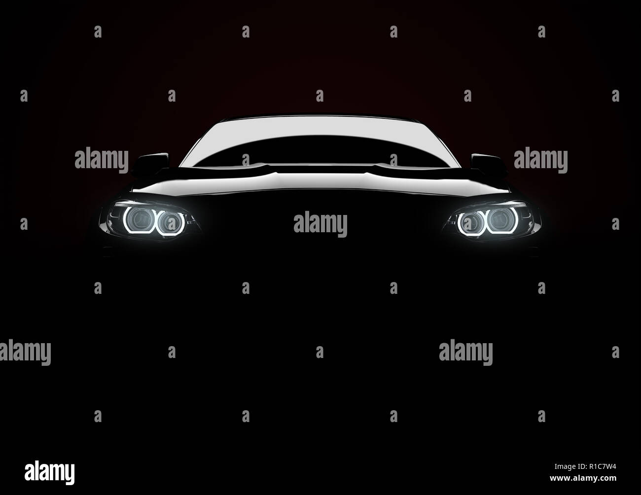 Front view of a generic and brandless modern car with lights on a black