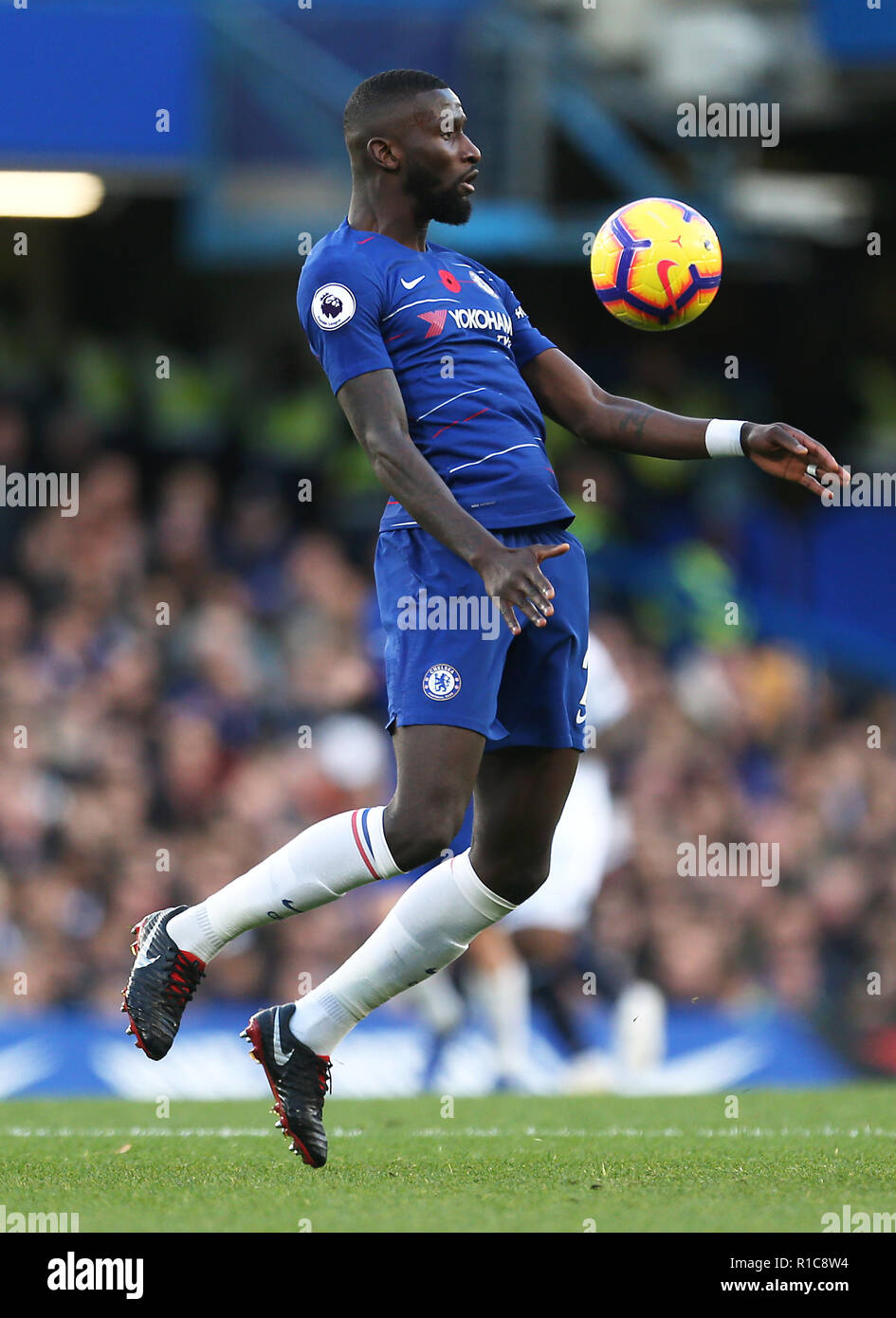 Chelsea's Antonio Rudiger in action during the Premier League match at Stamford Bridge, London. PRESS ASSOCIATION Photo. Picture date: Sunday November 11, 2018. See PA story SOCCER Chelsea. Photo credit should read: Steven Paston/PA Wire. RESTRICTIONS: No use with unauthorised audio, video, data, fixture lists, club/league logos or 'live' services. Online in-match use limited to 120 images, no video emulation. No use in betting, games or single club/league/player publications. Stock Photo