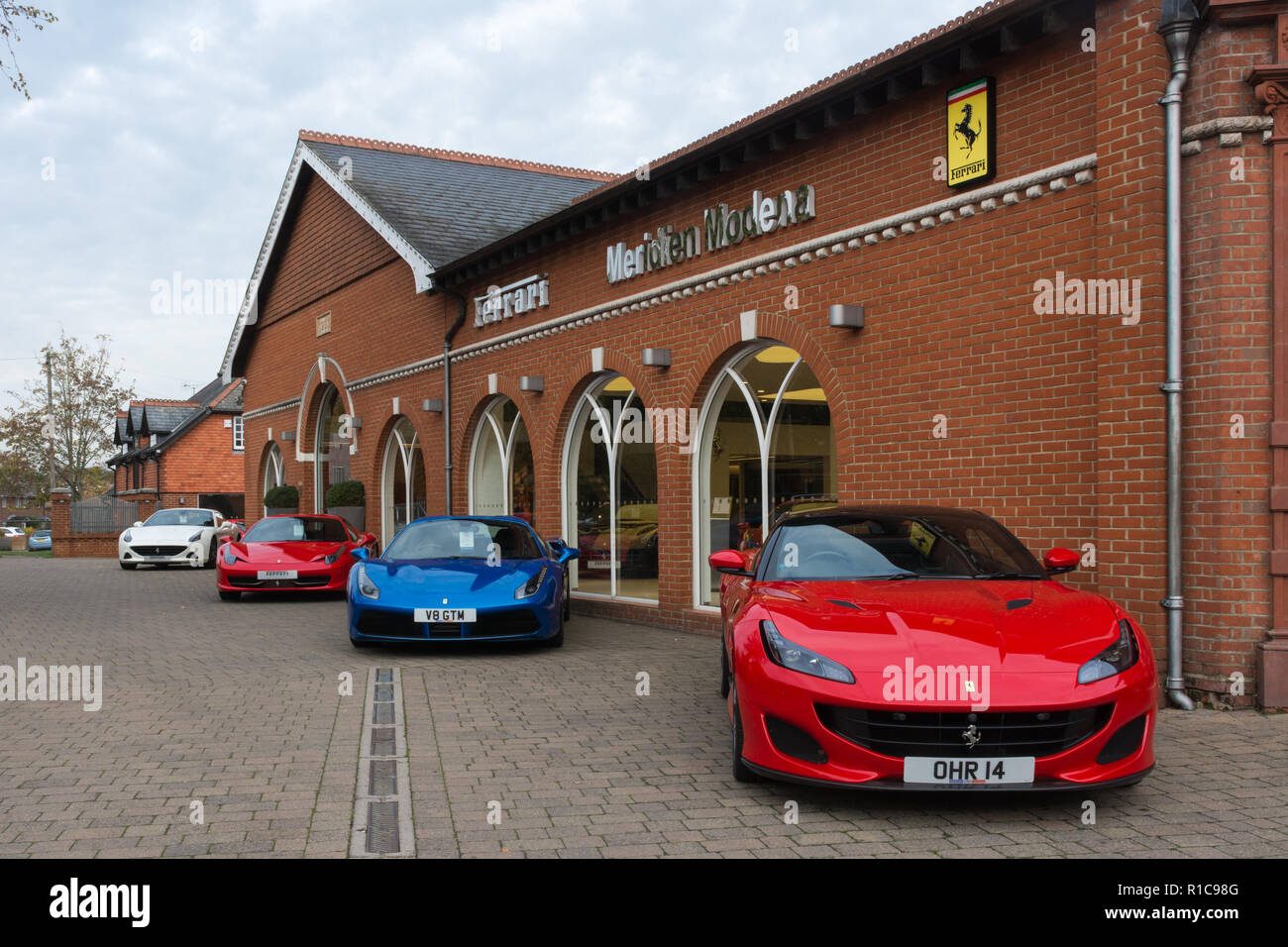 Meridien Modena, auto or car dealer selling Ferrari and Maserati cars in Lyndhurst in the New Forest, Hampshire, UK Stock Photo