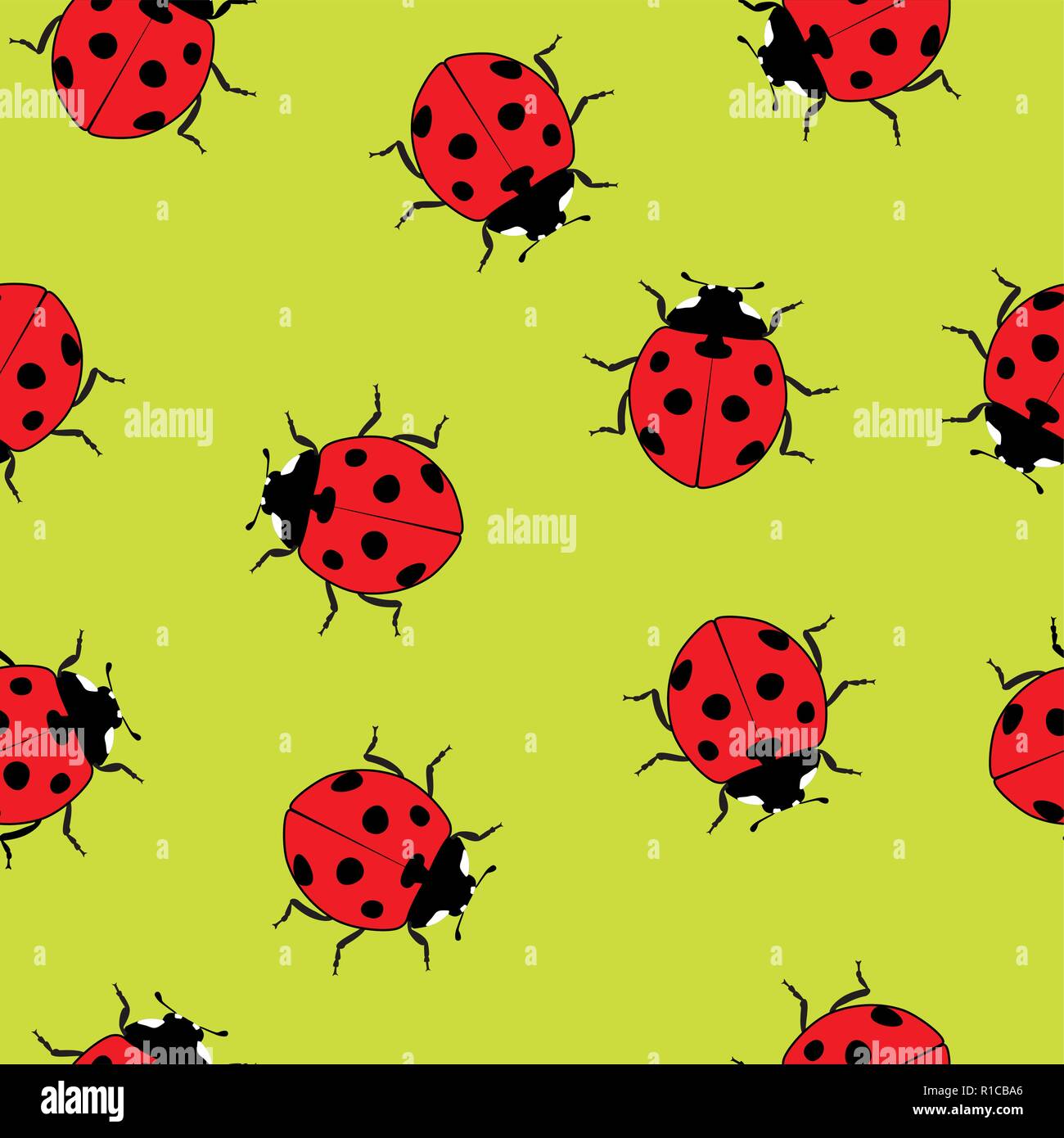 vector ladybug seamless pattern. red ladybird cartoon symbols on green background. cute dotted lady bug summer illustration Stock Vector