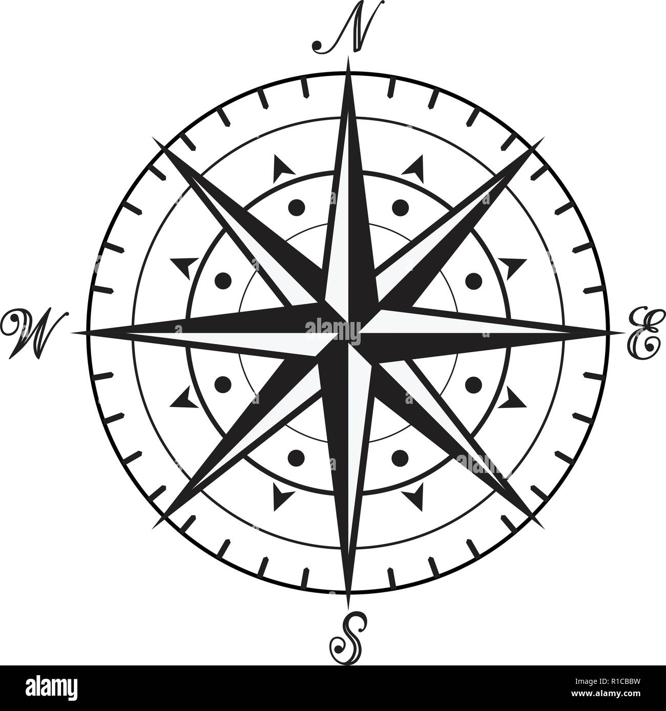 vector vintage black and white compass isolated on white background. maritime map icon. north, south, east and west wind-rose arrow directions. advent Stock Vector
