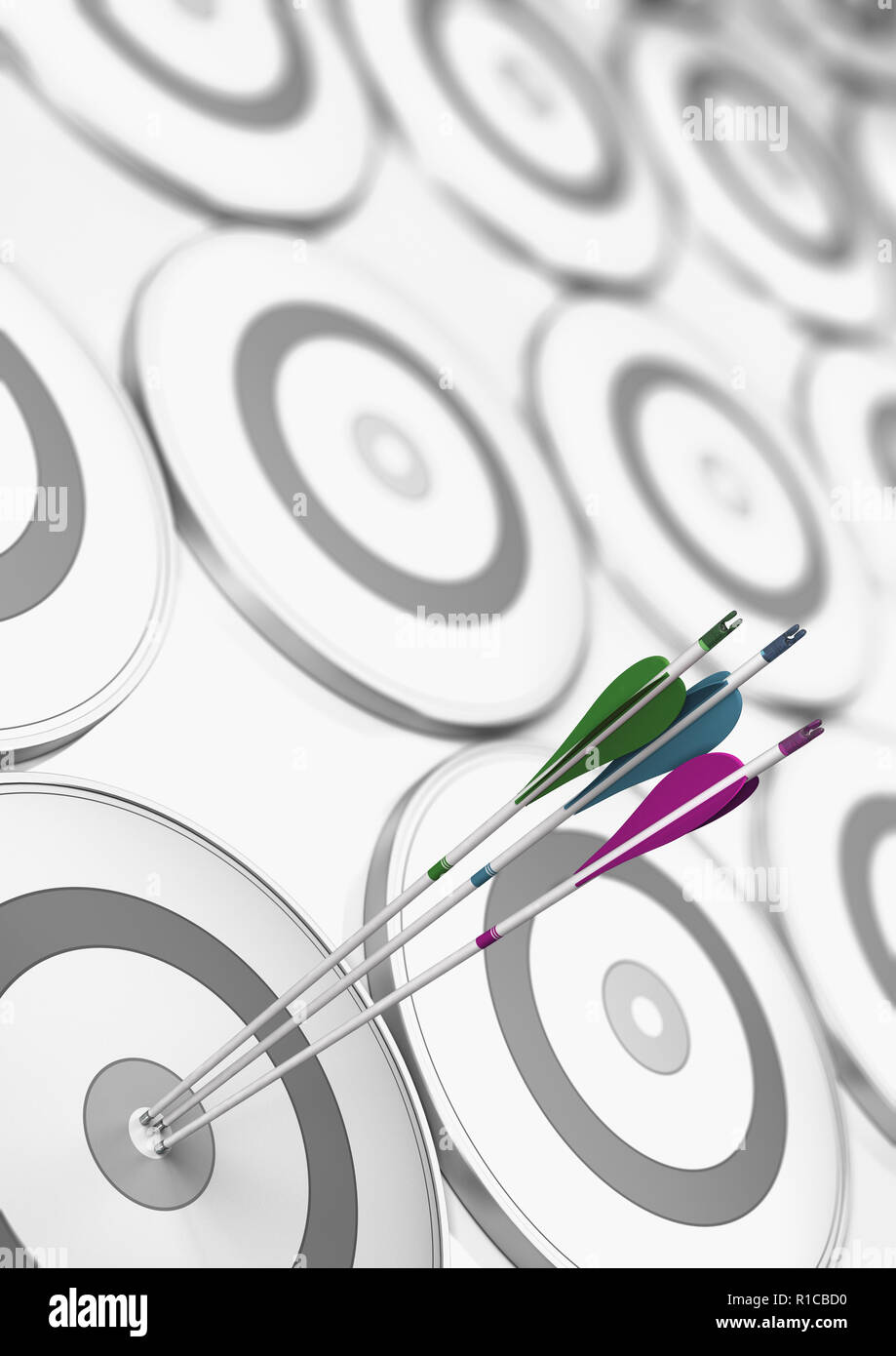 Three different arrows hitting the center of a white and grey target. Success and performance improvement concept. 3D illustration. Stock Photo