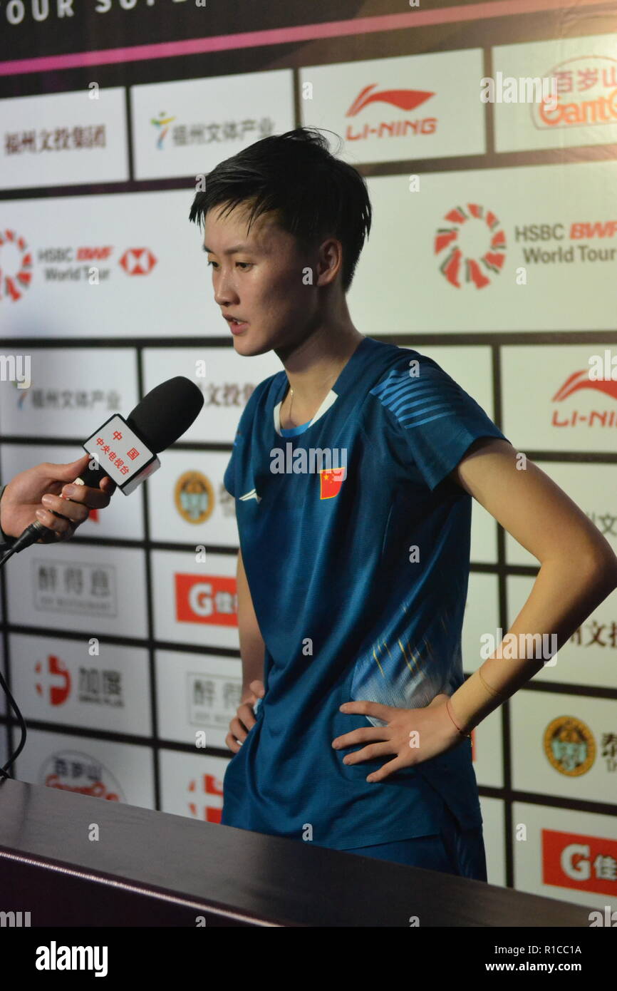 Fuzhou, China. 10th Nov, 2018. Chinese athlete Chen Yufei and Thai athlete  Ratchanok INTANON receive interview after the final of 2018 Badminton China  Masters in Fuzhou, southeast China's Fujian Province. Credit: SIPA