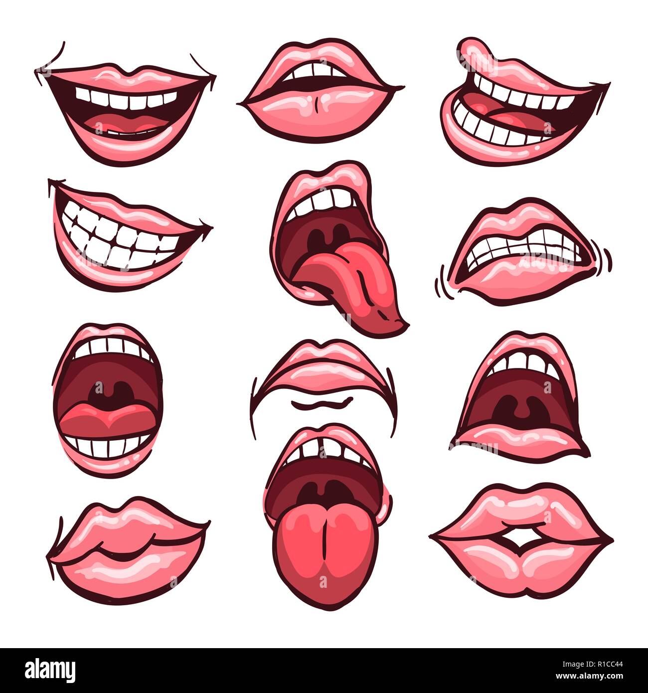 Funny mouths. Facial expressions, cartoon lips and tongues. Hand drawing  laughing show tongue, happy and sad mouth poses vector set Stock Vector by  ©tartila.stock.gmail.com 201199208
