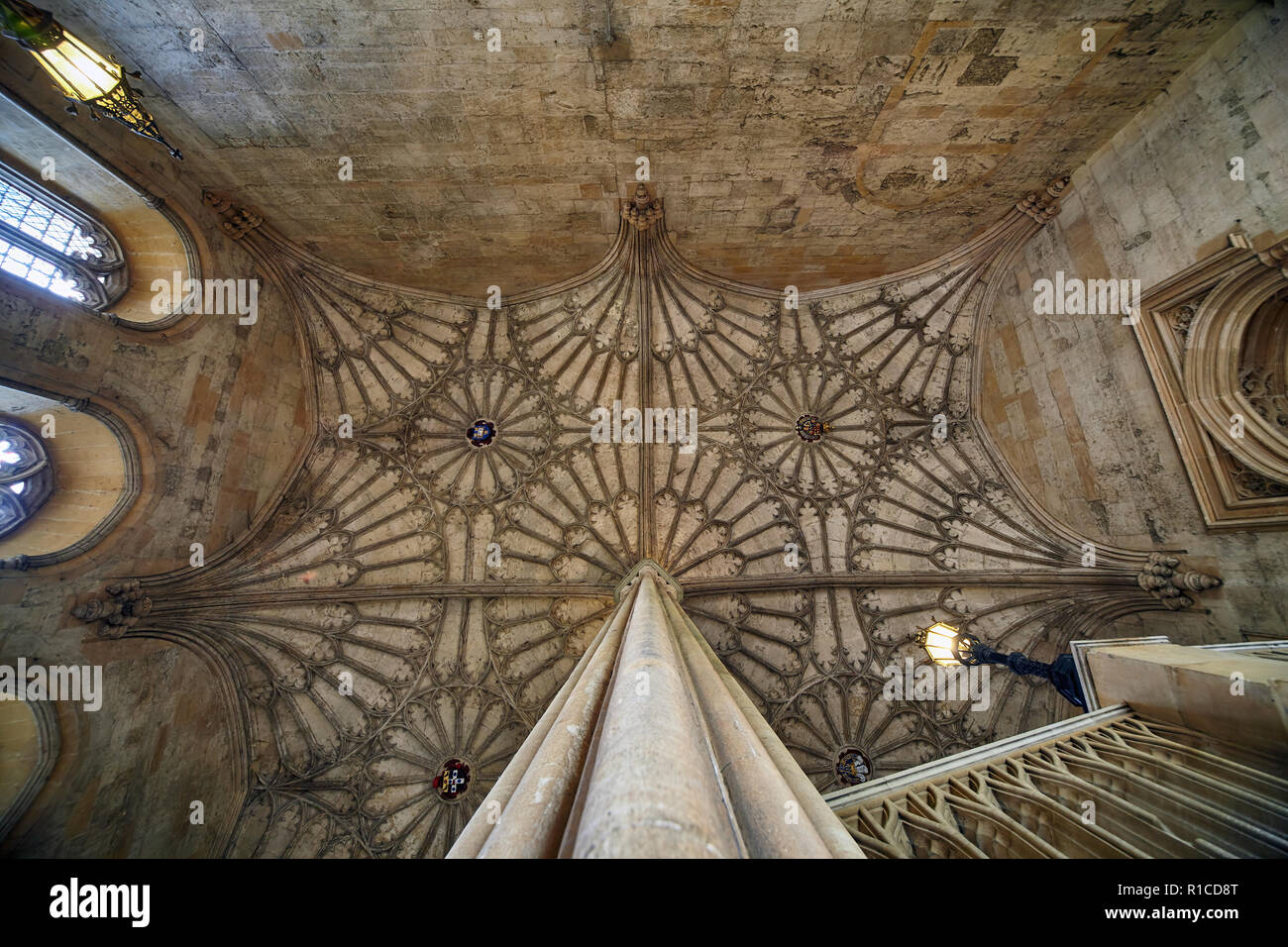 OXFORD, ENGLAND - MAY 15, 2009: The fanned vaulting of the ceiling over the staircase in Bodley Tower. Christ Church. Oxford University. England Stock Photo