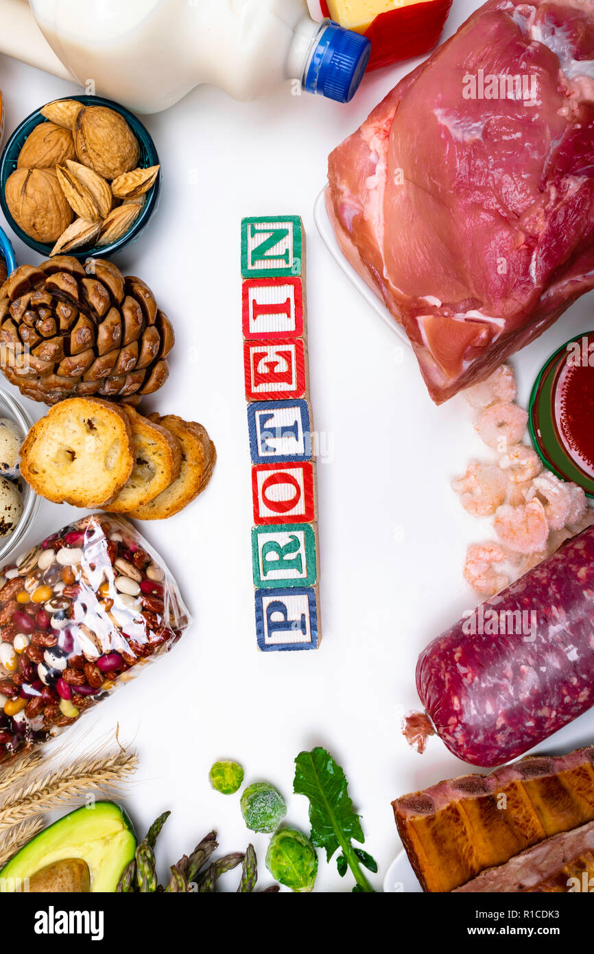 Balanced diet food background, rich in protein Stock Photo