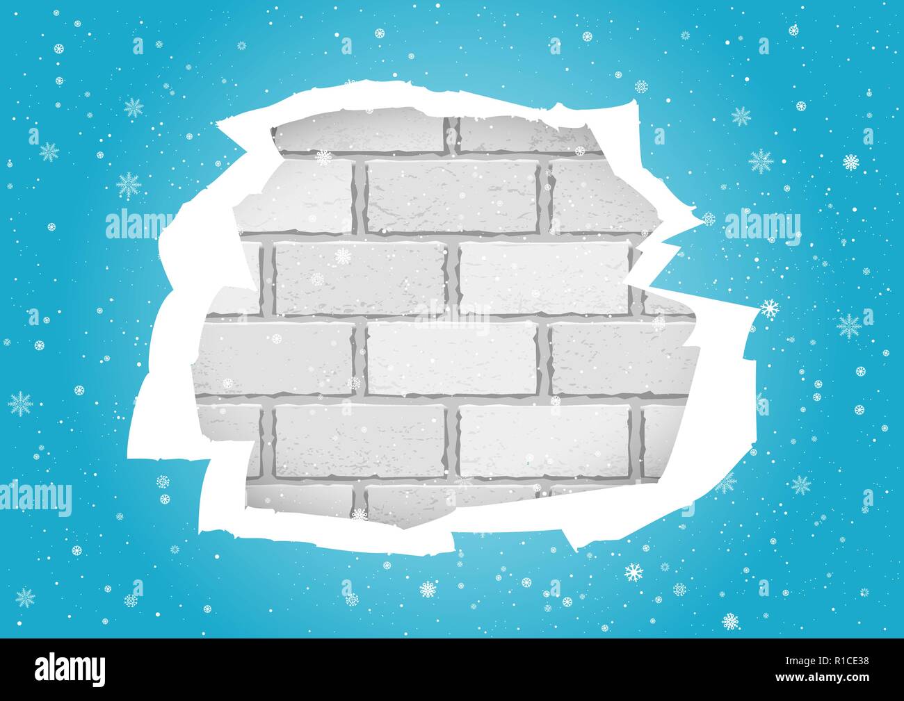 torn blue wallpapers brick wall Stock Vector