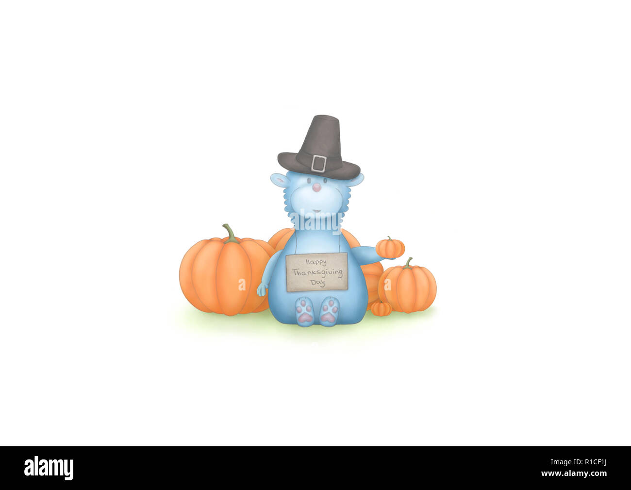 cute hand draw illustration of blue fantasy animal, sitting down with pumpkins and sign with text Happy Thanksgiving Day, isolated on white background Stock Photo