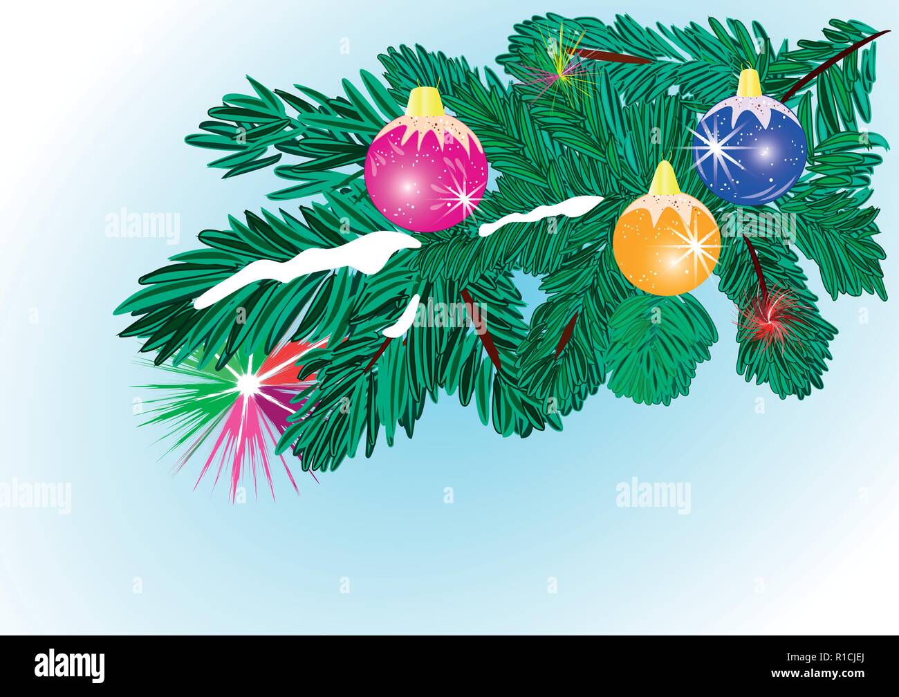 Flat pattern Christmas tree and decorations. Gold, red, blue Christmas balls. Vector Stock Vector
