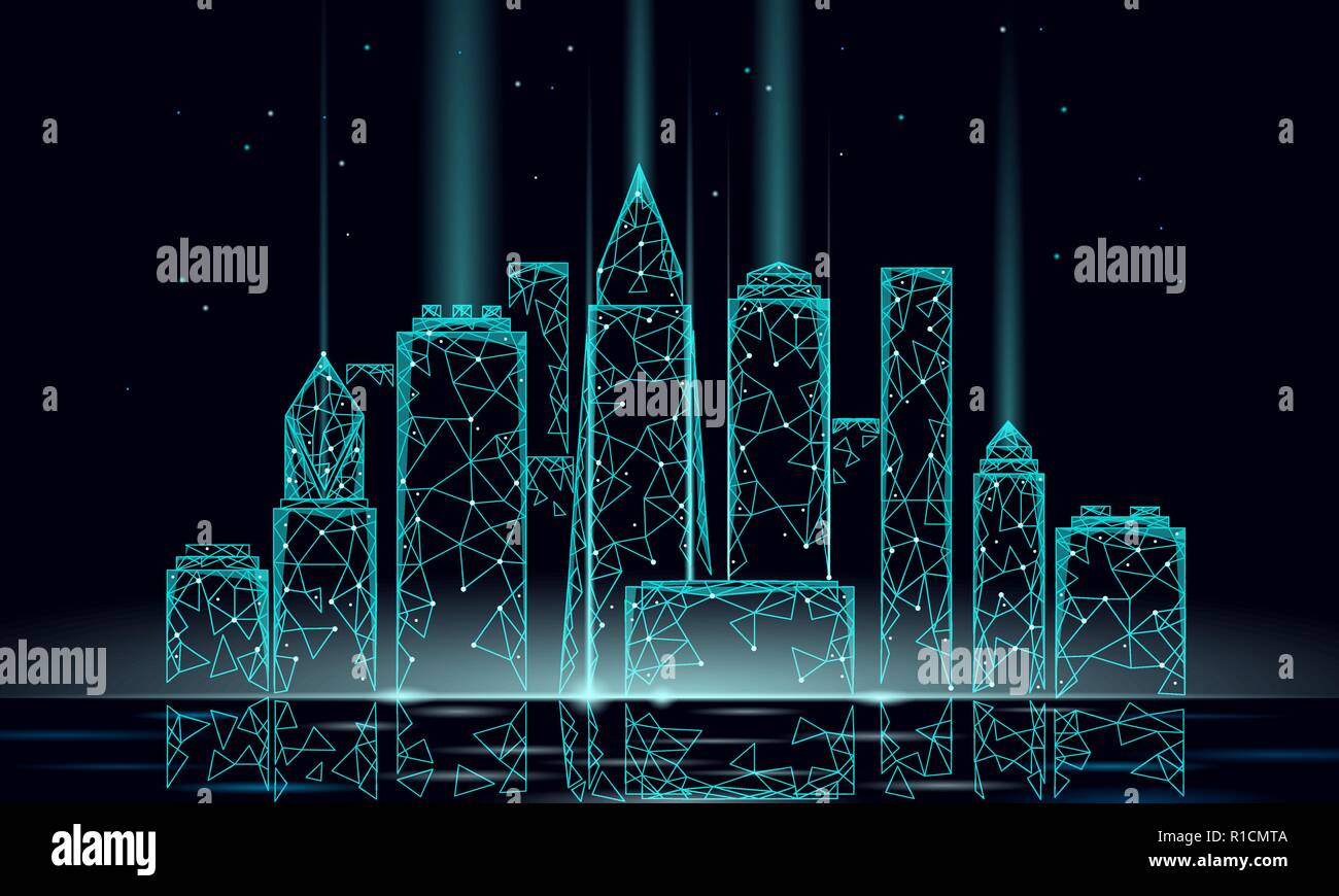 Smart city 3D polygonal wire mesh. Intelligent building automation