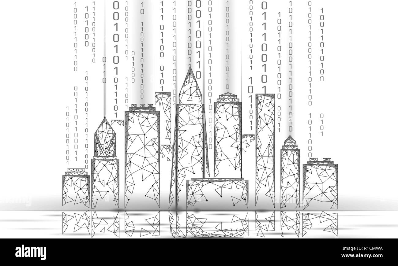 Low poly smart city 3D wire mesh. Intelligent building automation system business concept. Binary code number data flow. Architecture urban cityscape technology sketch banner vector illustration Stock Vector