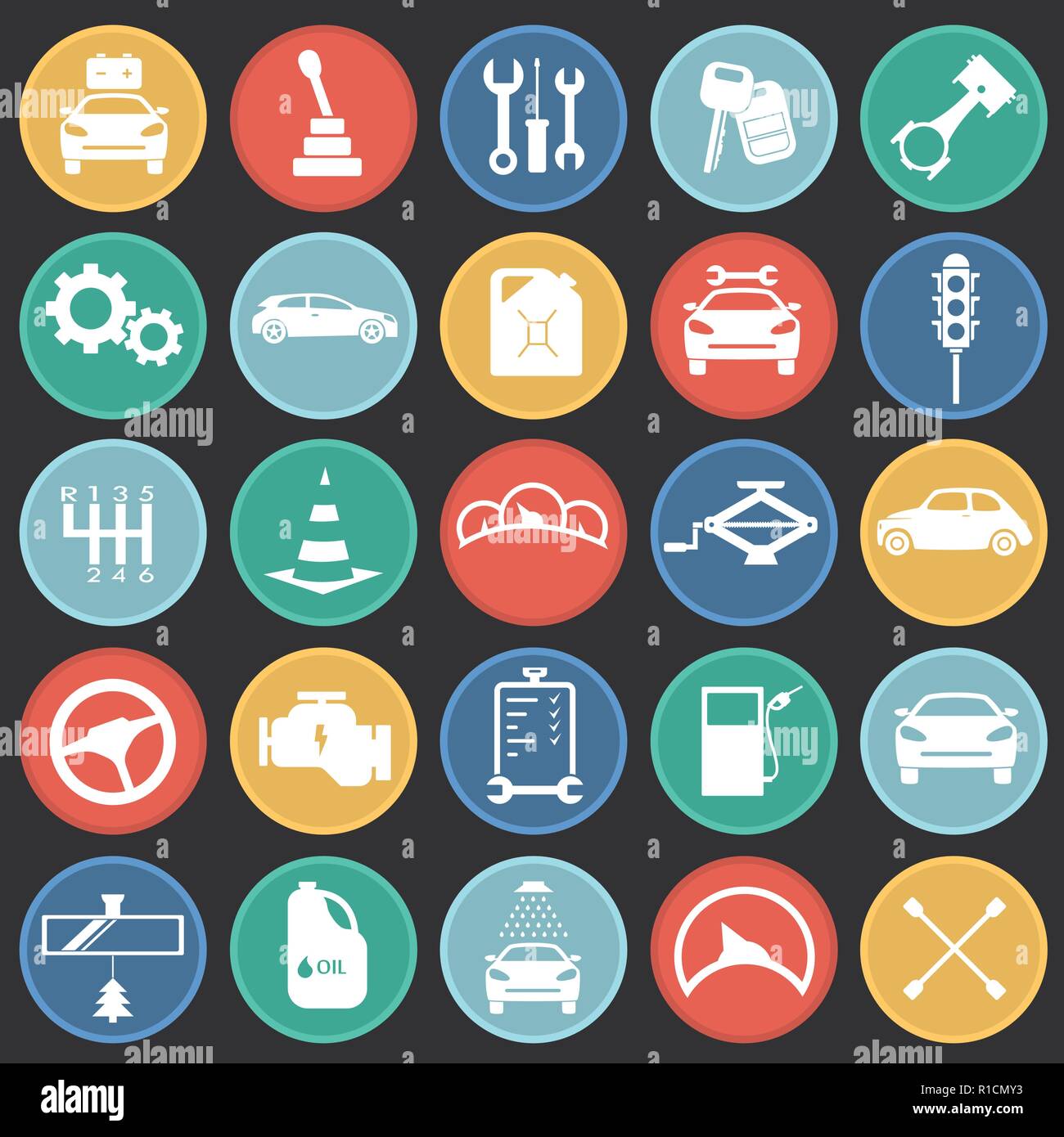 Car and service set on color circles black background icons Stock ...