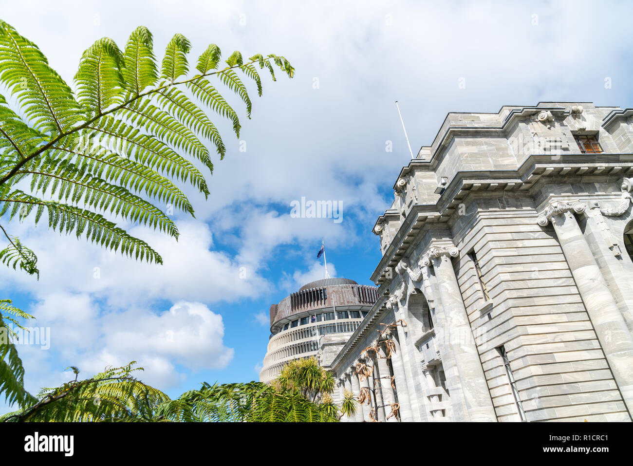 New Zealand Government buildings, House neo classical style House of Parliament with Beehive behind with iconic ponga fern frond one of NZ's emblems. Stock Photo