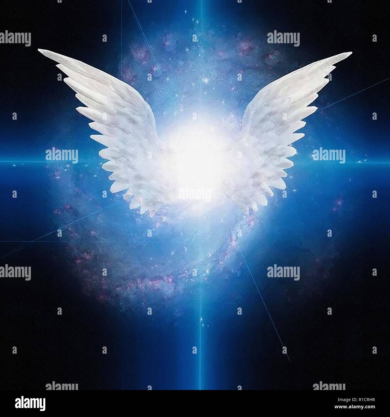 Bright star with white angels wings galaxy in deep space