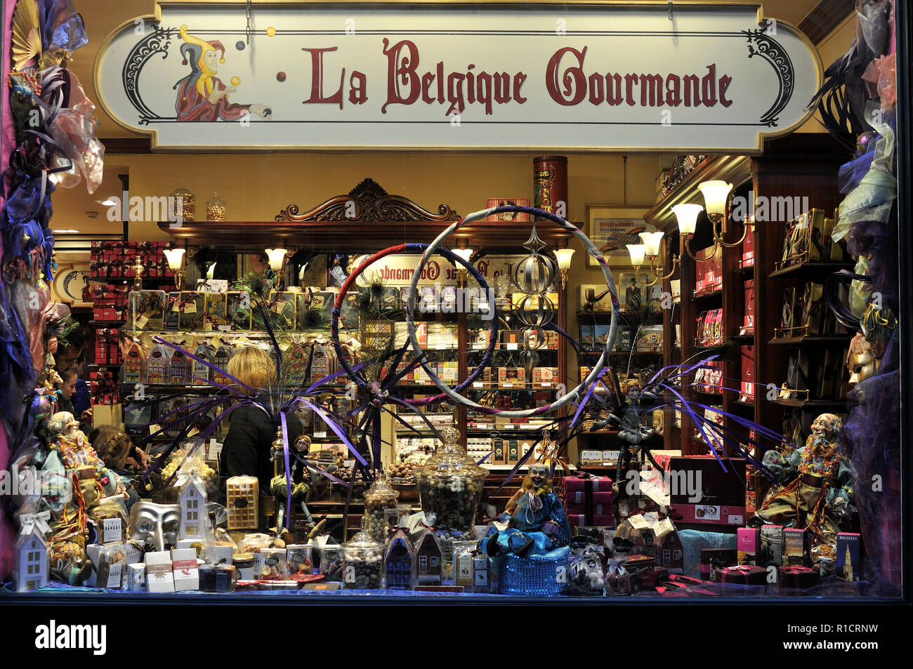 The window of 'La Belgique Gourmande' in Brussels. Brussels, Belgium - Belgian Chocolate Shop in the famous Galeries Royales Saint-Hubert. Stock Photo