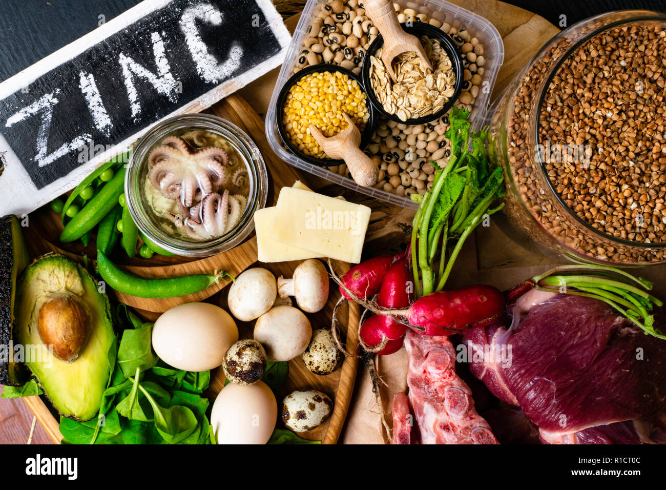 Foods High in Zinc as octopus, beef, buckwheat, yellow cheese, spinach