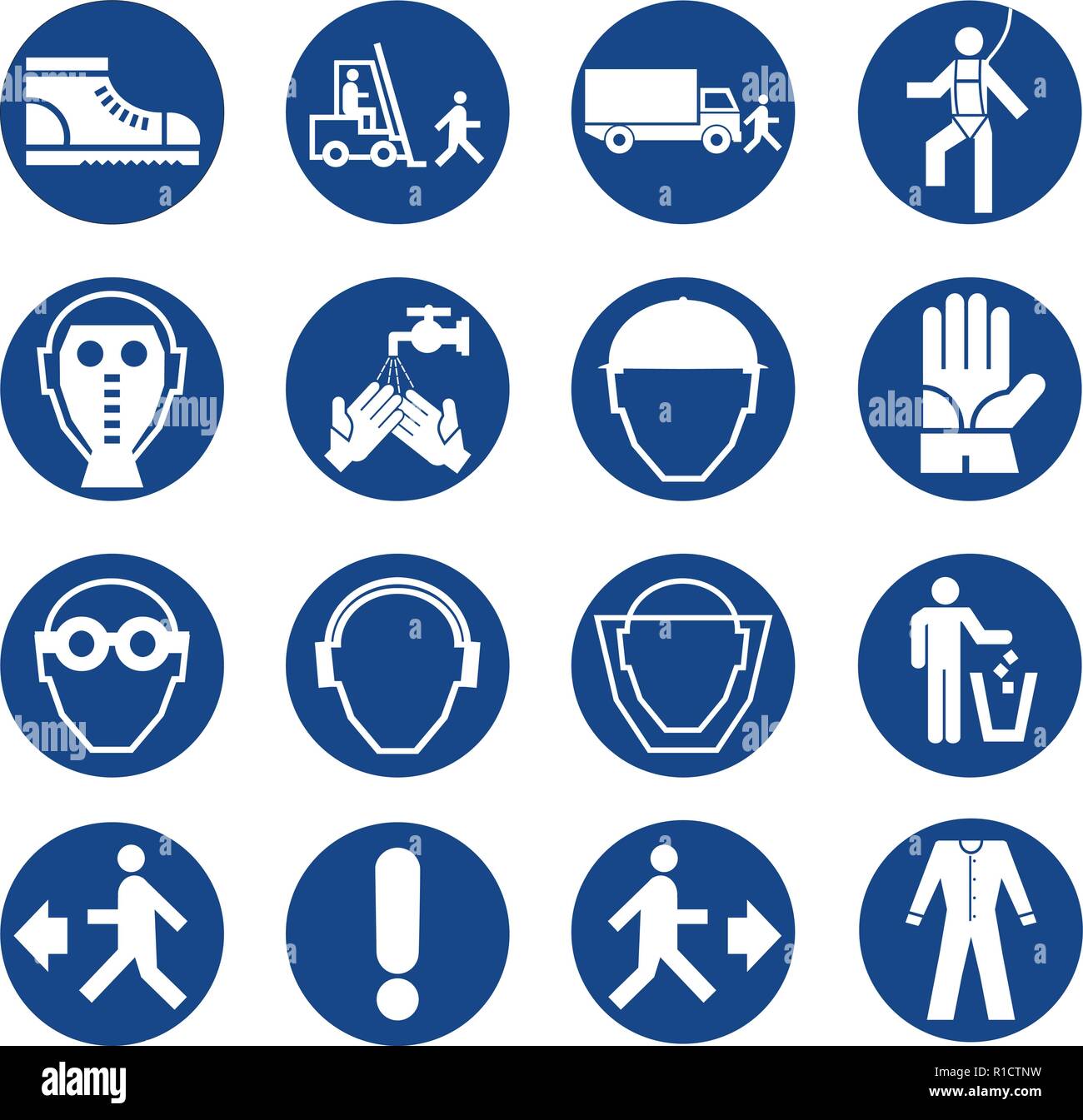 Set of safety equipment signs. Mandatory construction and industry signs. Collection of safety and health protection equipment. Protection on work. Ve Stock Vector