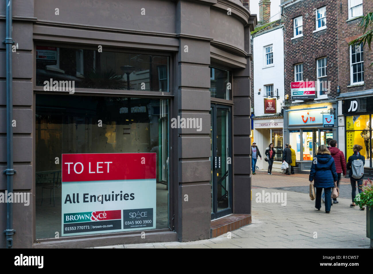Empty shop to let in High Street, King's Lynn. King's Lynn is one of the towns eligible for support from the new government Towns Fund. Stock Photo