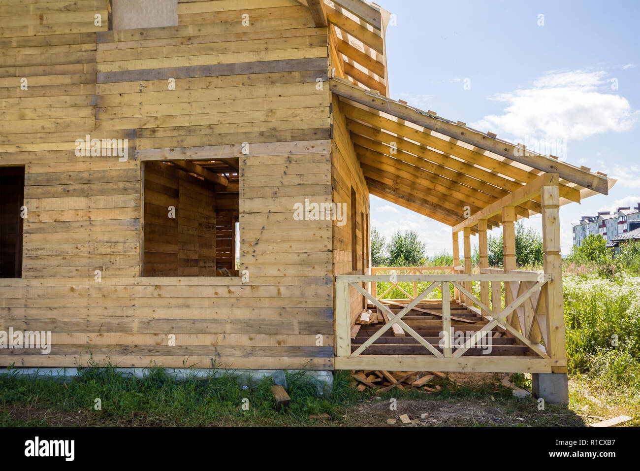 Part Of Unfinished Wooden Ecological Traditional Cottage Of