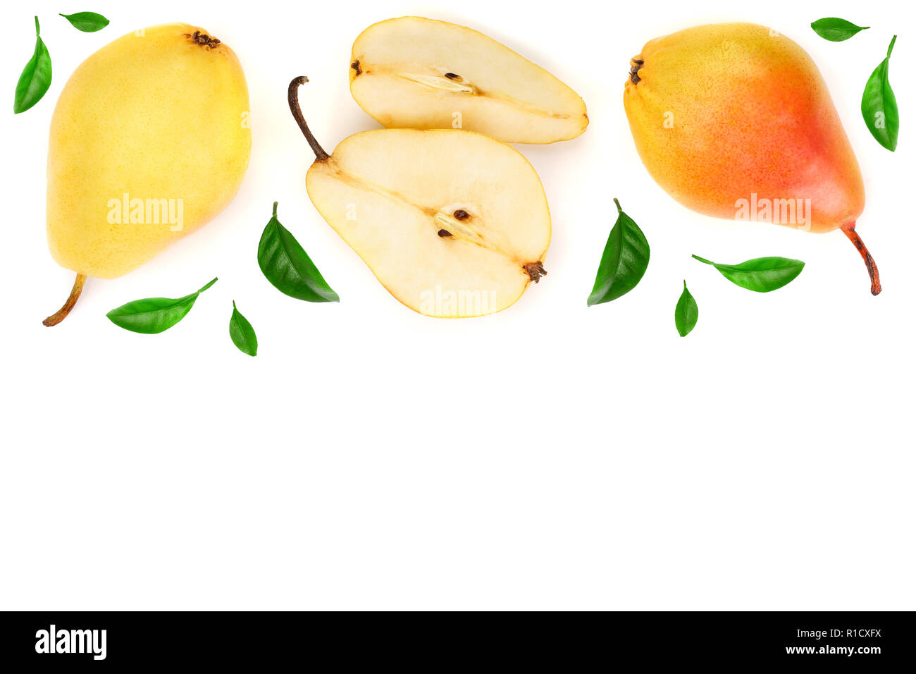 ripe red yellow pear fruits with leaves isolated on white background ...