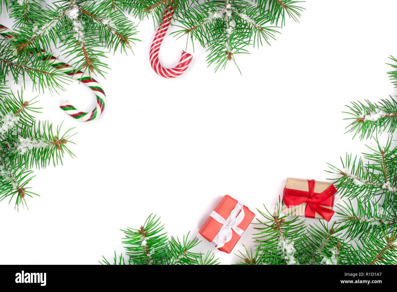 Christmas Frame of Fir tree branch with candy canes and snow isolated ...