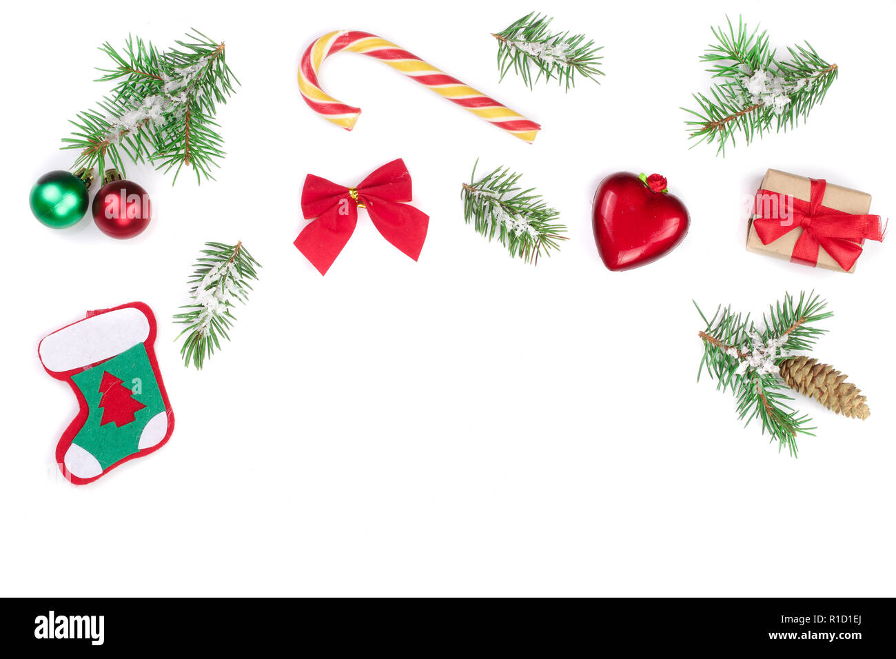 Christmas background with fir branches and decoration isolated on white ...