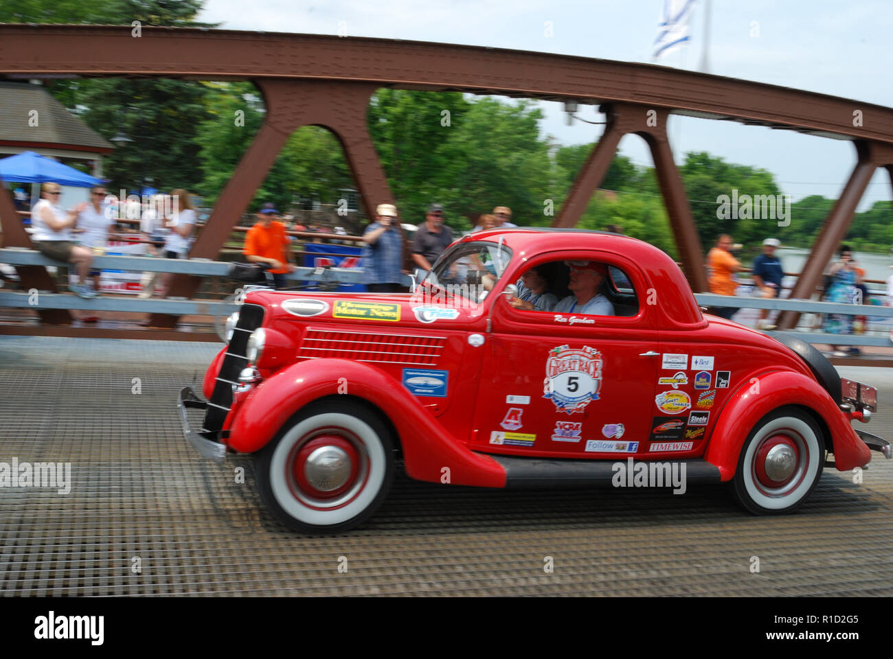 Drivers complete one lap of race in Fairport NY... Stock Photo