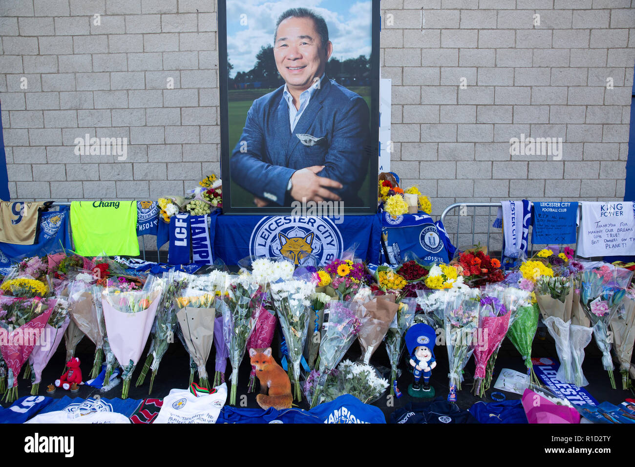 Leicester City Football fans tributes outside the stadium after the death of owner Vichai Srivaddhanaprabha in a helicopter crash. Stock Photo