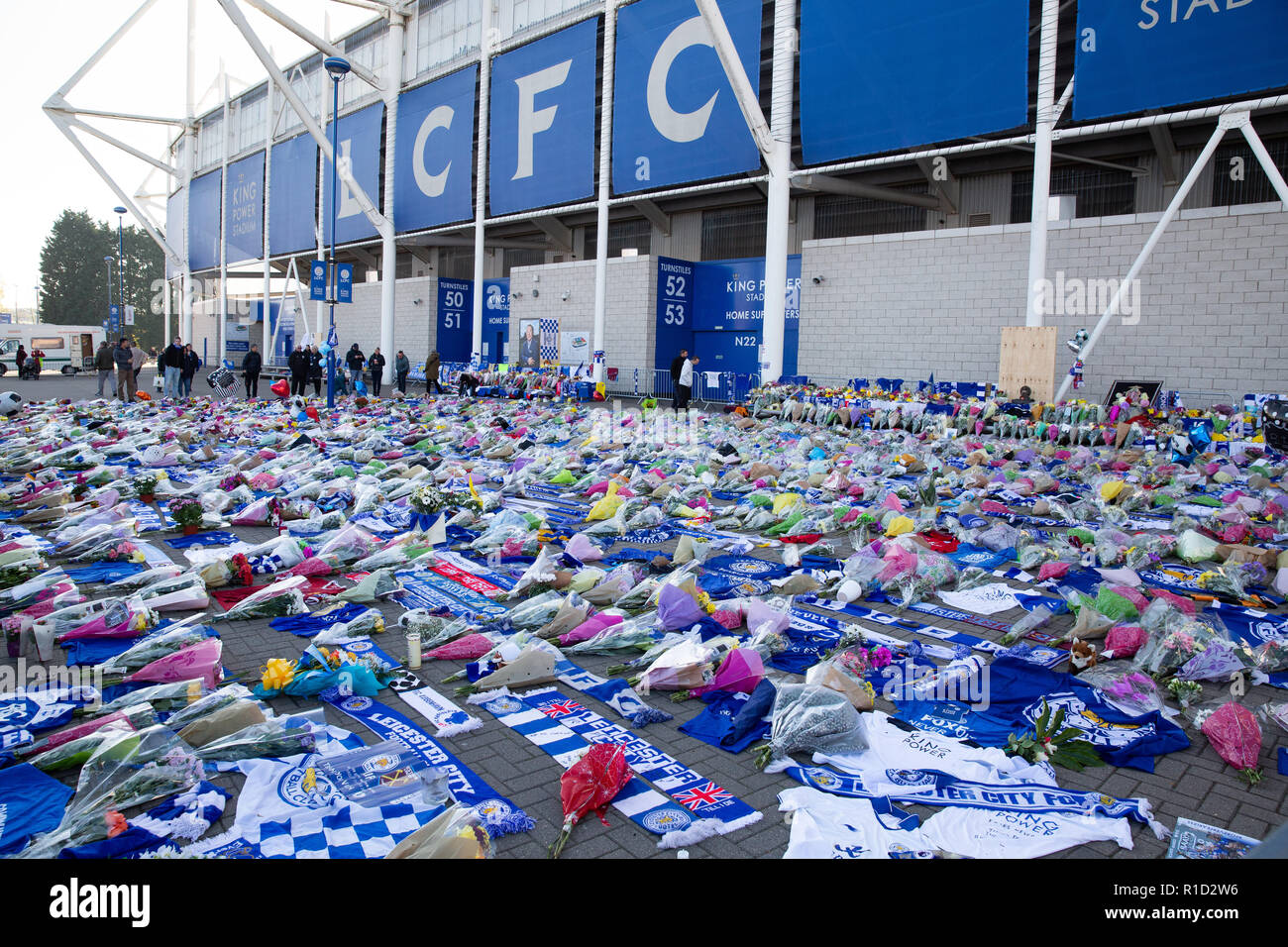 Leicester City Football fans tributes outside the stadium after the death of owner Vichai Srivaddhanaprabha in a helicopter crash. Stock Photo