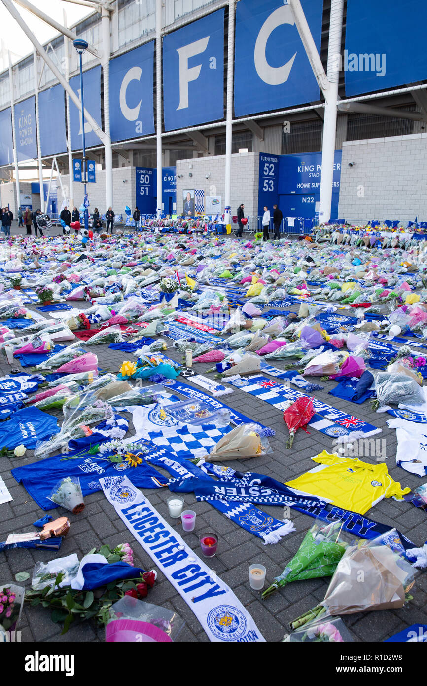 Leicester City Football fans tributes outside the stadium after the death of owner Vichai Srivaddhanaprabha in a helicopter crash. Stock Photo