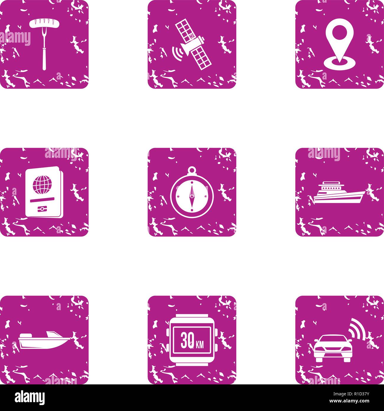 Position place icons set, grunge style Stock Vector