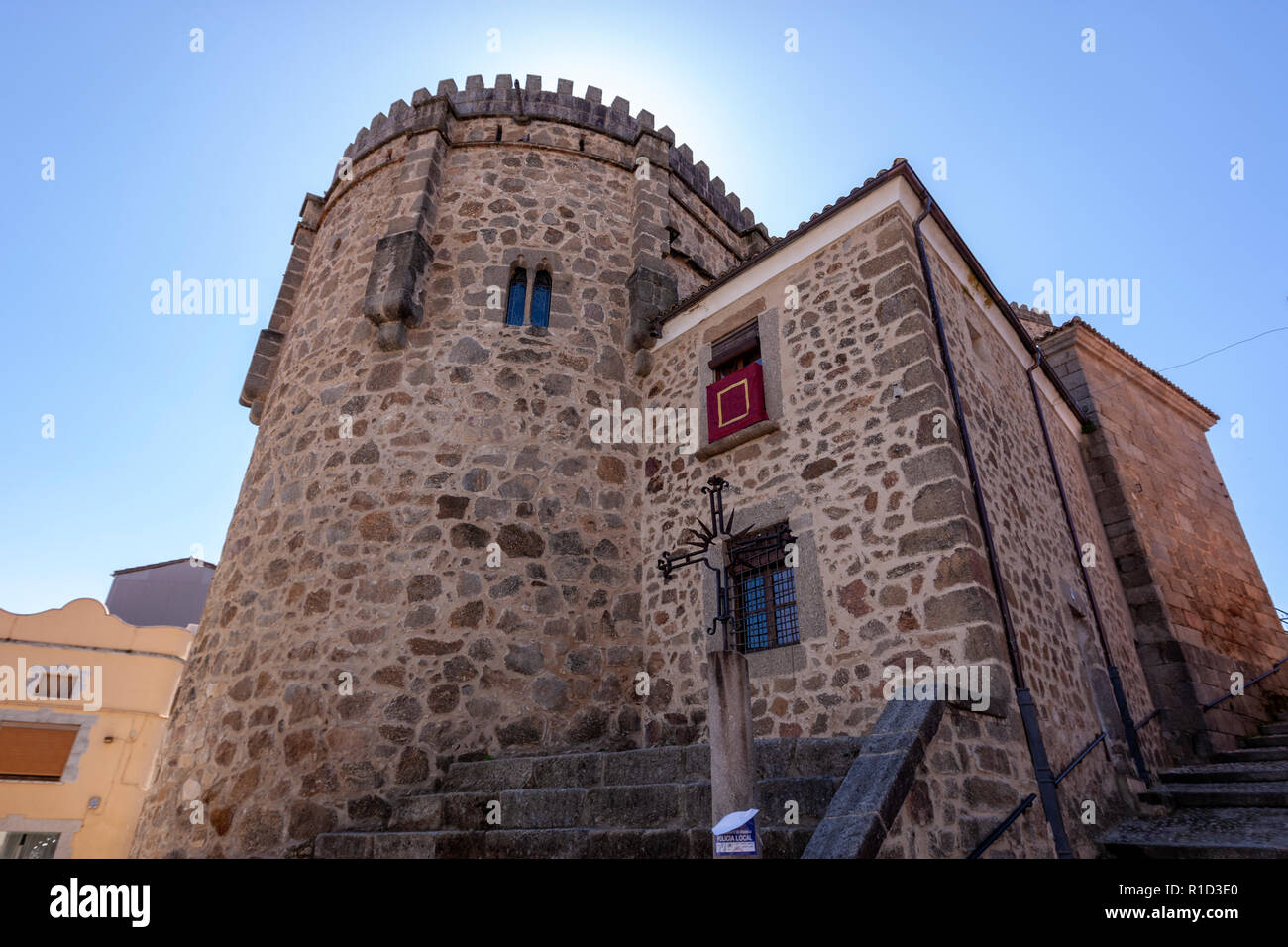 Iglesia Fortaleza de Nuestra Sra. de la Torre, Parador de Jarandilla de la Vera, medieval castle,  Extremadura, Spain Stock Photo