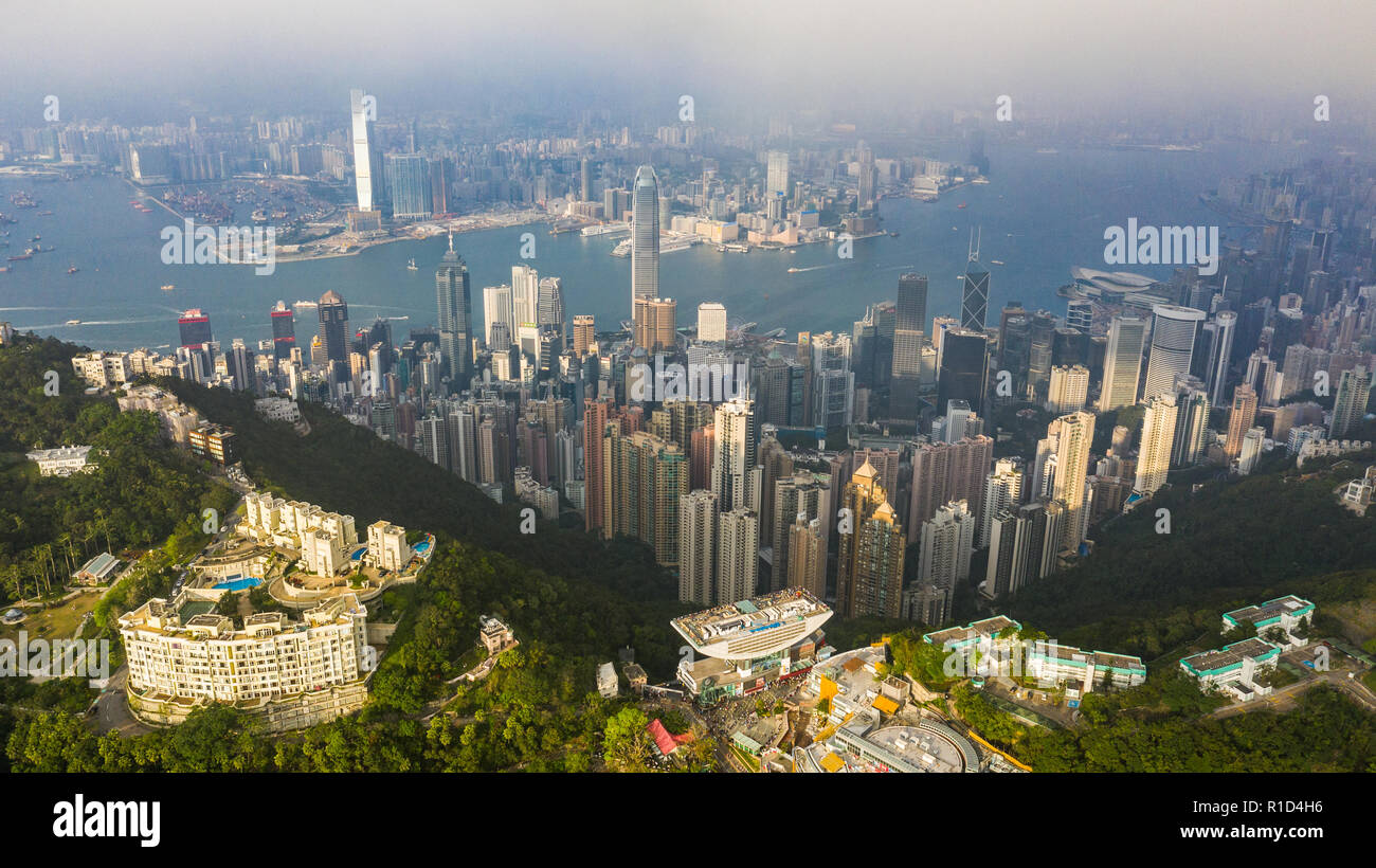 The Peak Tower, Victoria Peak, overlooking Hong Kong Stock Photo