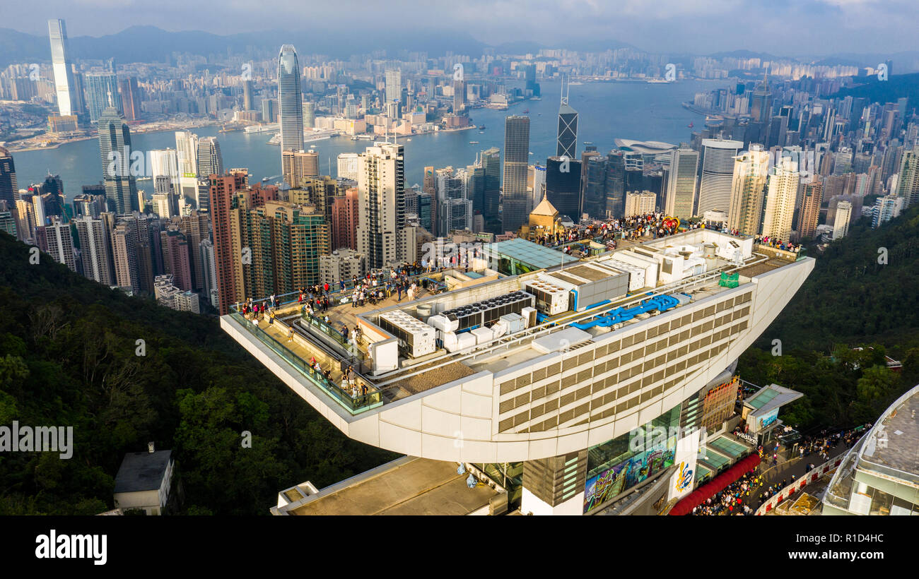 The Peak Tower, Victoria Peak, overlooking Hong Kong Stock Photo