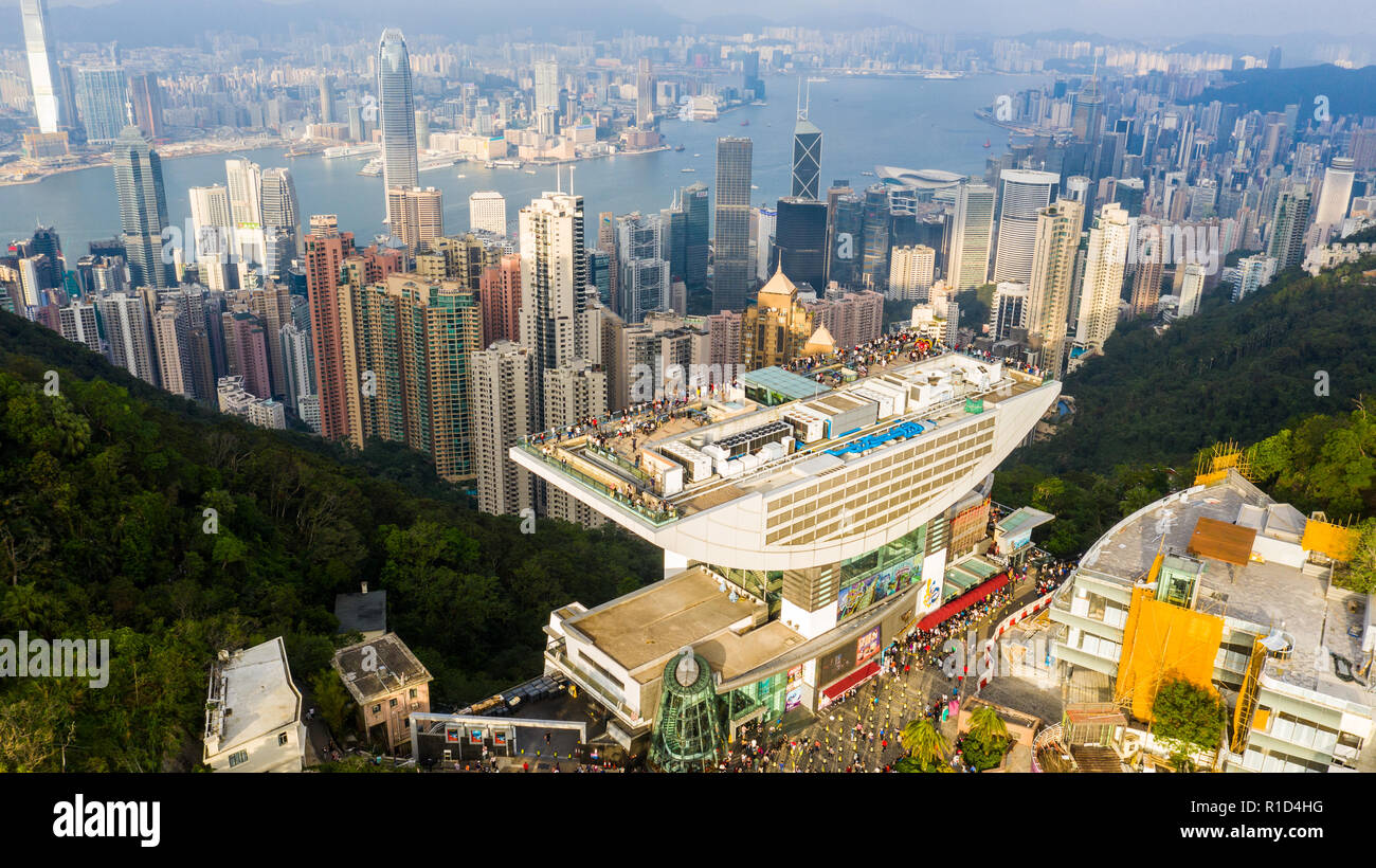 The Peak Tower, Victoria Peak, overlooking Hong Kong Stock Photo