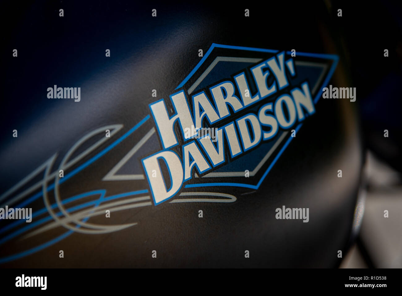 The sign and logo signature of the famous Harley Davidson brand form a shine motorbike Stock Photo